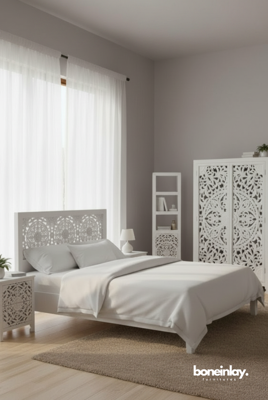 Lombok Hand - Carved Solid Wood White Bedroom Set Bedroom Set - Bone Inlay Furnitures