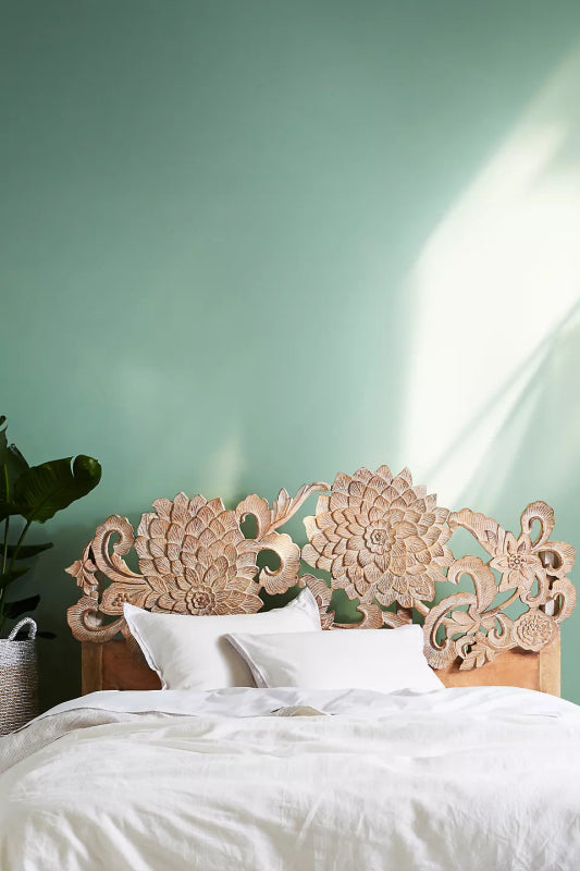 Natural Hand Carved Lotus Platform Bed with Headboard 
