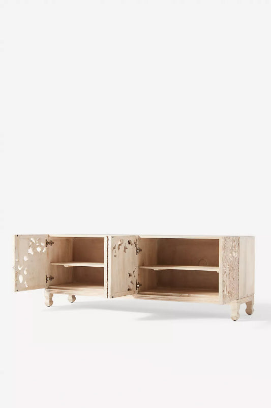Natural Lotus Server in wood, shown with one cabinet door open to reveal the interior storage compartment and shelf.