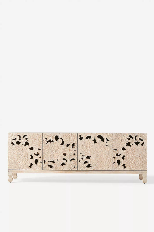 Lotus Wood Credenza with carved floral doors, shown in a straight-on product view highlighting the openwork fronts.