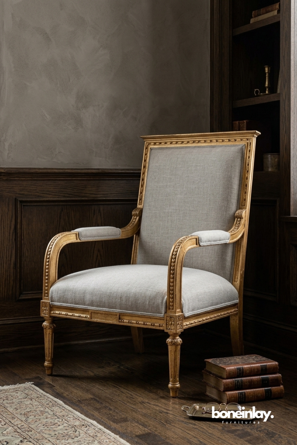 French Provincial accent chair with carved solid wood frame, linen upholstered seat and backrest, elegant neoclassical detailing, and timeless luxury design for living room, library, or bedroom.