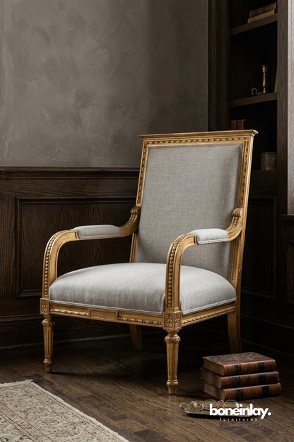 French Provincial accent chair with carved solid wood frame, linen upholstered seat and backrest, elegant neoclassical detailing, and timeless luxury design for living room, library, or bedroom.