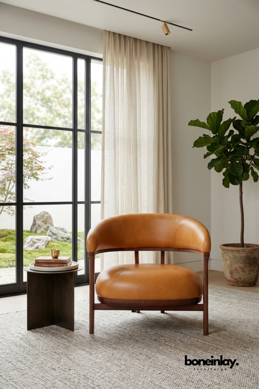 Tan leather barrel accent chair with a curved wood frame.
Rounded leather backrest and cushioned seat offer a relaxed silhouette.
Rich cognac leather contrasts with the dark wood base and legs.
Styled beside a dark wood side table and tall potted fig tree.