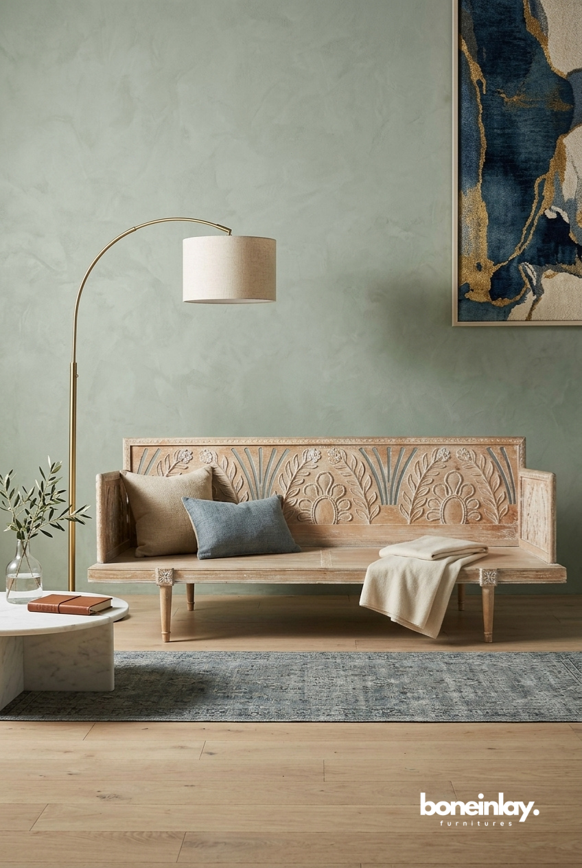 Boho Hand Carved Wooden Bench Sofa