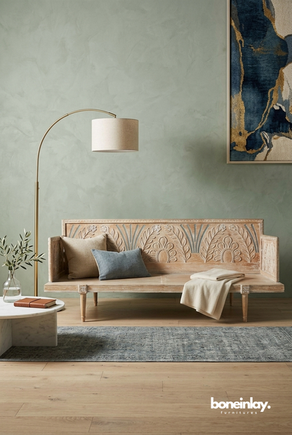 Boho Hand Carved Wooden Bench Sofa