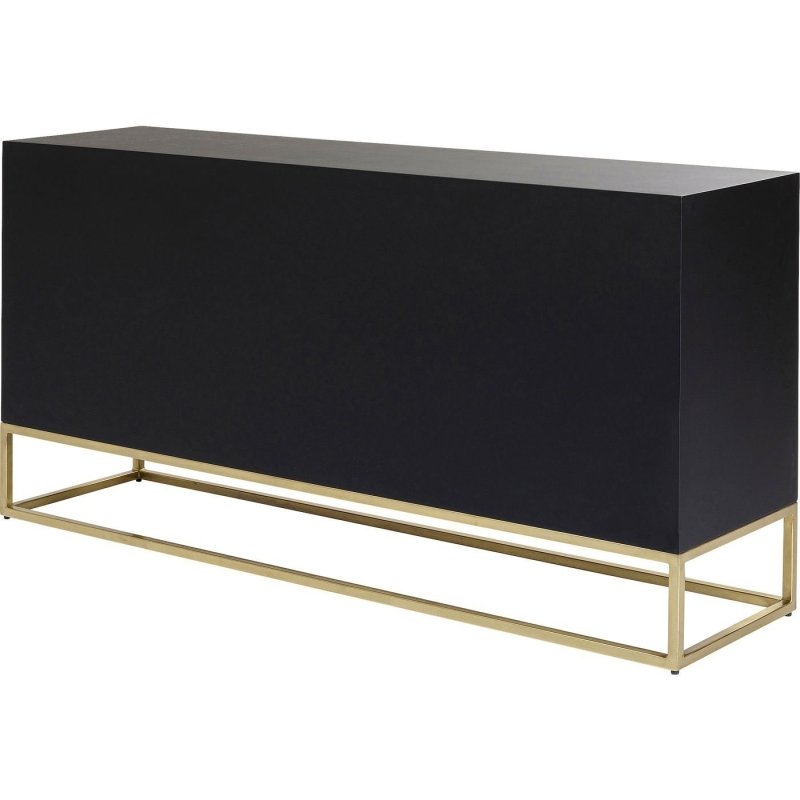 Luxury bone inlay sideboard cabinet in black with bold starburst geometric ivory pattern, brass hardware, and slim gold metal open frame base