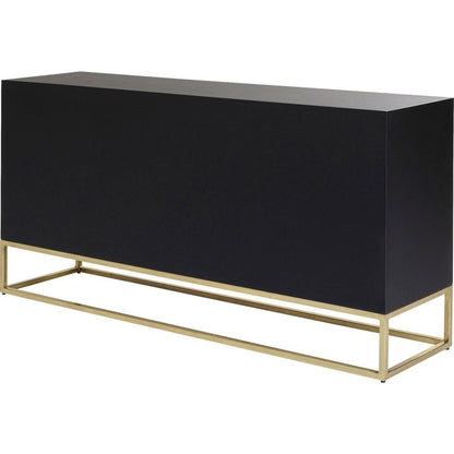 Luxury bone inlay sideboard cabinet in black with bold starburst geometric ivory pattern, brass hardware, and slim gold metal open frame base