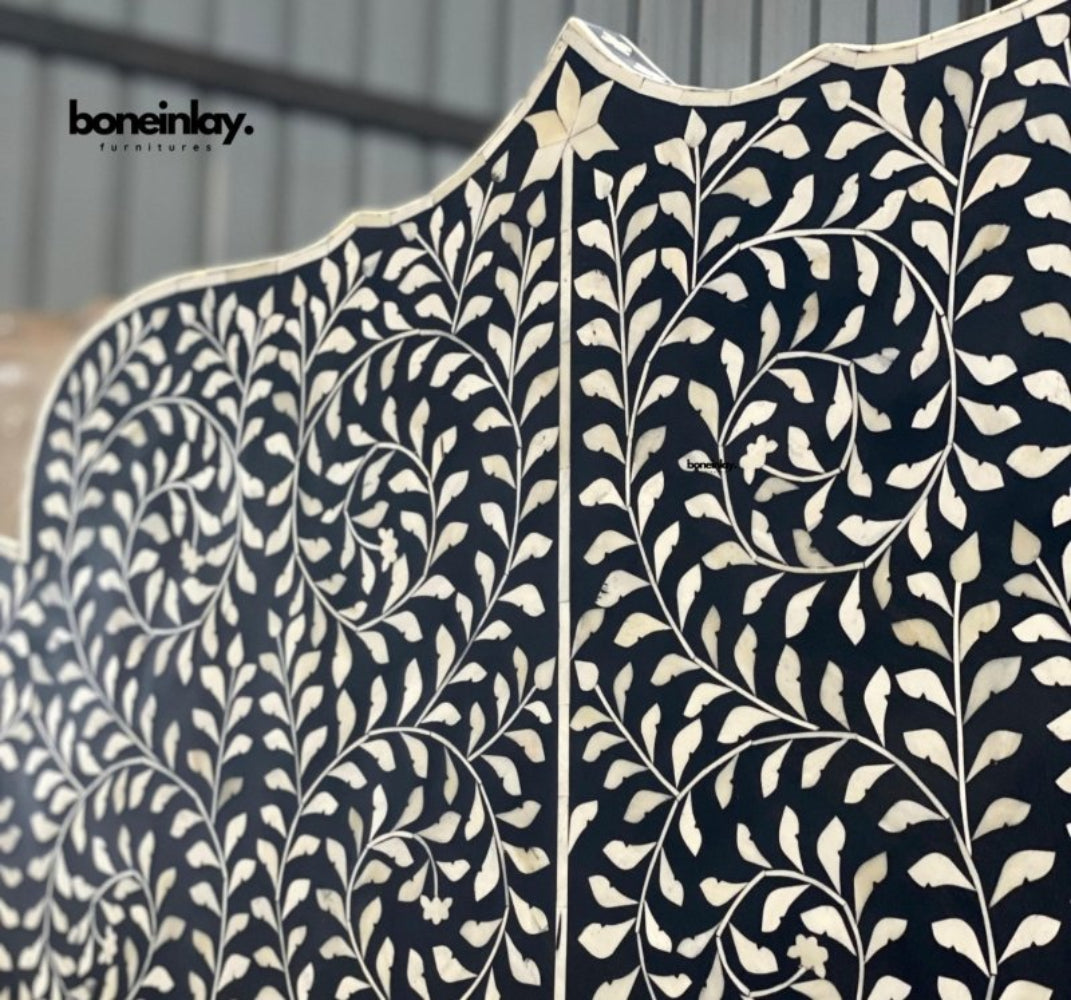 Black Bone Inlay Headboard showing swirling floral leaf motif with central spine divider, handcrafted using traditional Indian bone inlay technique