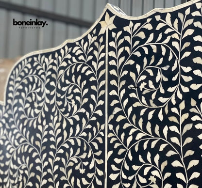 Black Bone Inlay Headboard showing swirling floral leaf motif with central spine divider, handcrafted using traditional Indian bone inlay technique