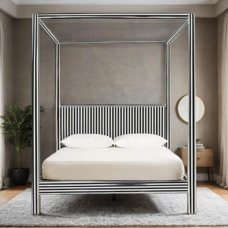 Luxury bone inlay canopy bed with black white stripe design styled in a contemporary grey bedroom with plant decor
