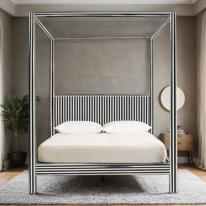 Luxury bone inlay canopy bed with black white stripe design styled in a contemporary grey bedroom with plant decor