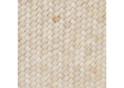 Macro detail of cream-toned natural bone inlay basket weave pattern hand-set on a luxury handcrafted sideboard surface