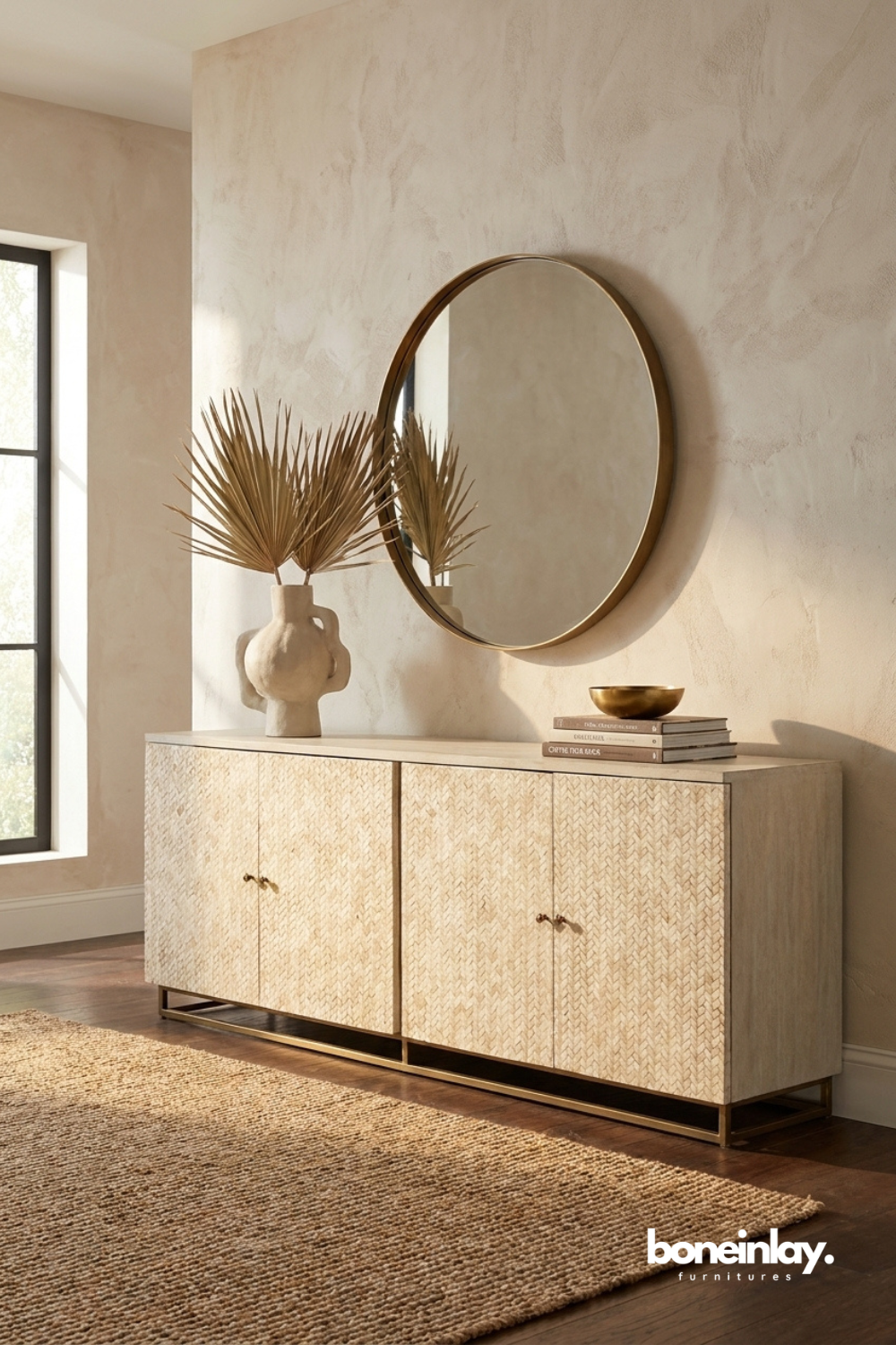 Modern Bone Inlay Style Sideboard Cabinet with Textured Natural Finish and Gold Base