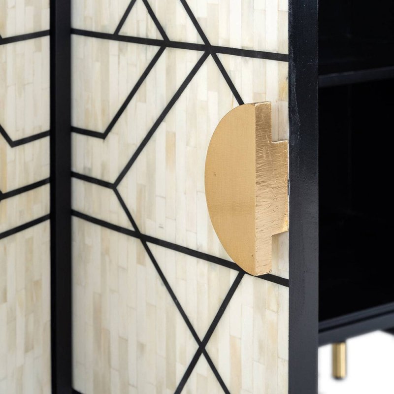 Luxury monochrome inlay buffet cabinet with circular brass pulls and airy black metal trestle frame, handmade bone inlay furniture for living room