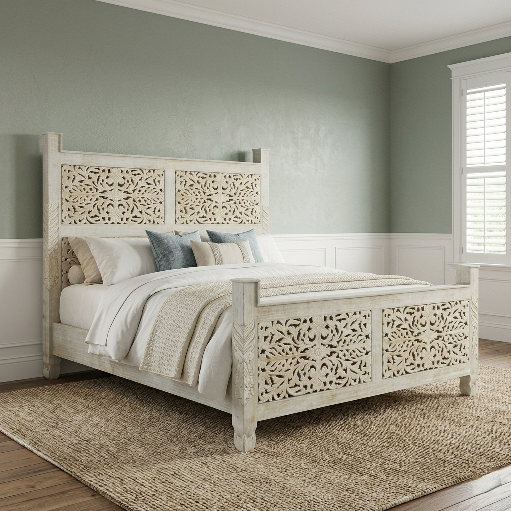 Hand-carved solid wood bed frame in a distressed white wash finish featuring ornate floral lattice carvings on the headboard and footboard.
