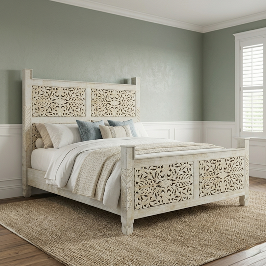 Hand-carved solid wood bed frame in a distressed white wash finish featuring ornate floral lattice carvings on the headboard and footboard.
