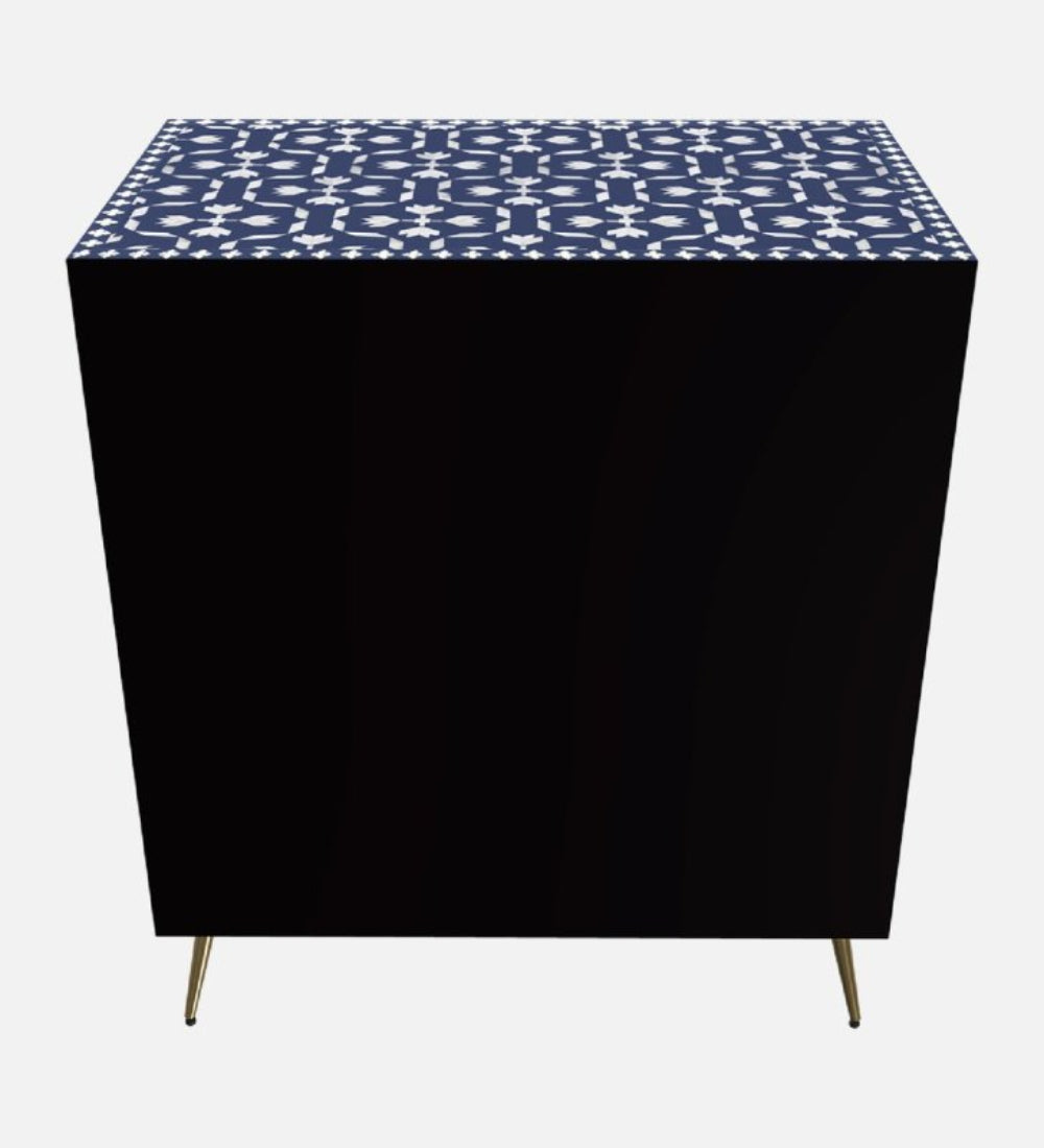 Handmade bone inlay hallway cabinet in indigo matte finish – back panel view showing clean mango wood construction and sturdy frame