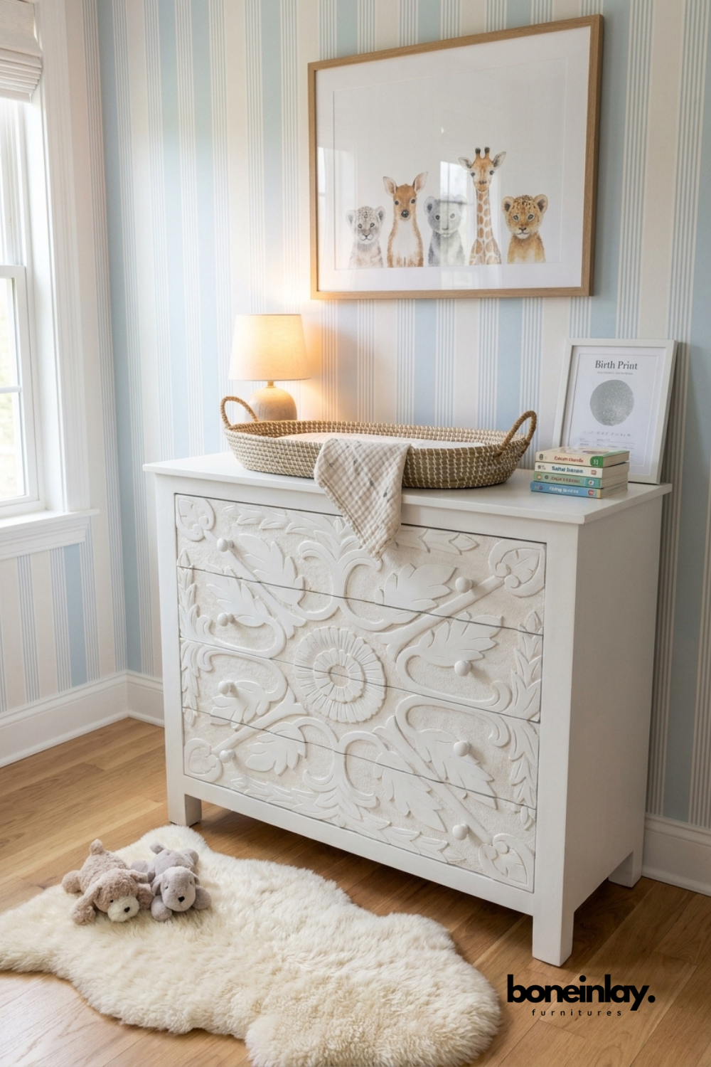 Handcrafted white carved solid wood baby changing dresser with floral detailing, multiple storage drawers, and nursery storage cabinet with timeless handcrafted design.