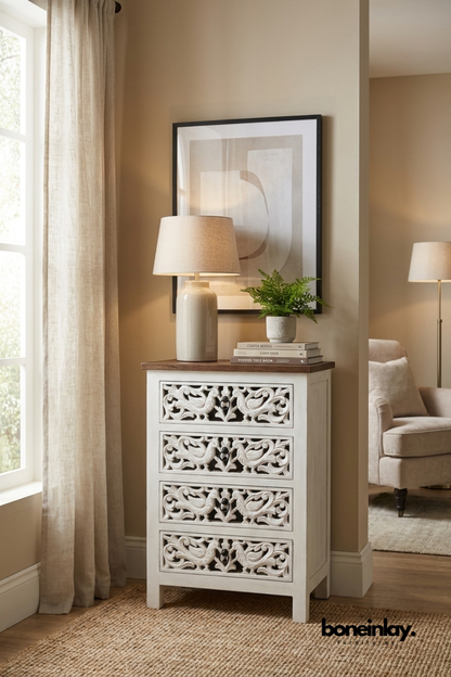 White hand carved solid wood tall chest of drawers with decorative carved drawer fronts, compact vertical storage cabinet for bedroom, hallway, or living room.