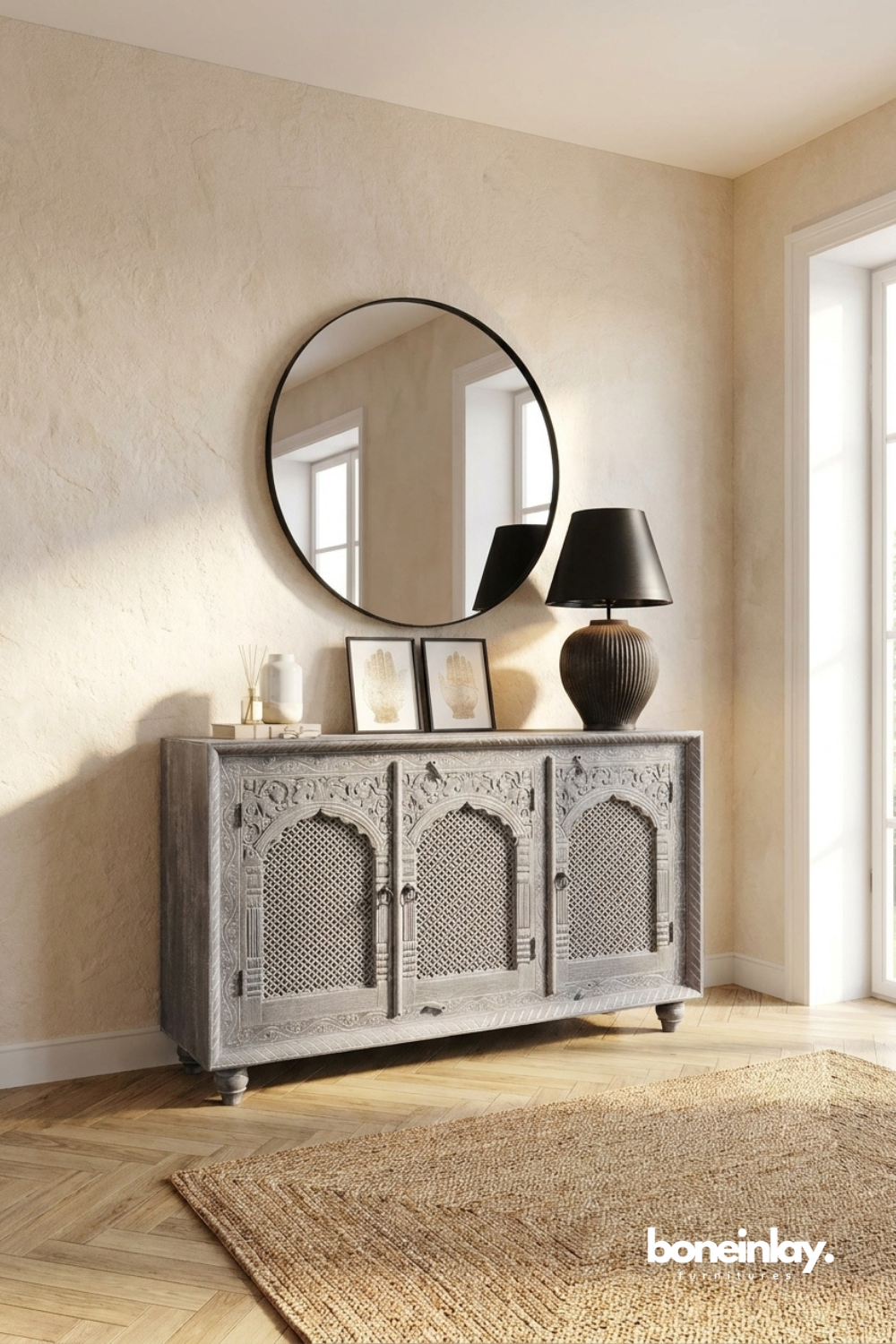 Hand Carved Greywashed Wooden Sideboard Cabinet with Arched Lattice Door Design