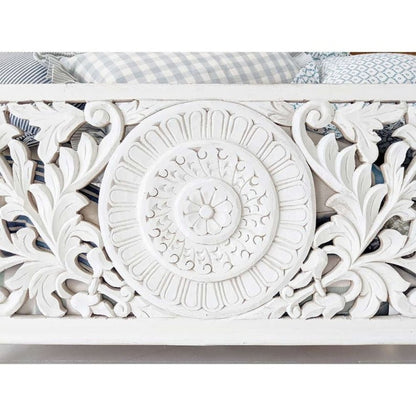 Medallion Carved Storage Chest in white wood, close-up of carved detail showing a floral rosette and curling leaves.