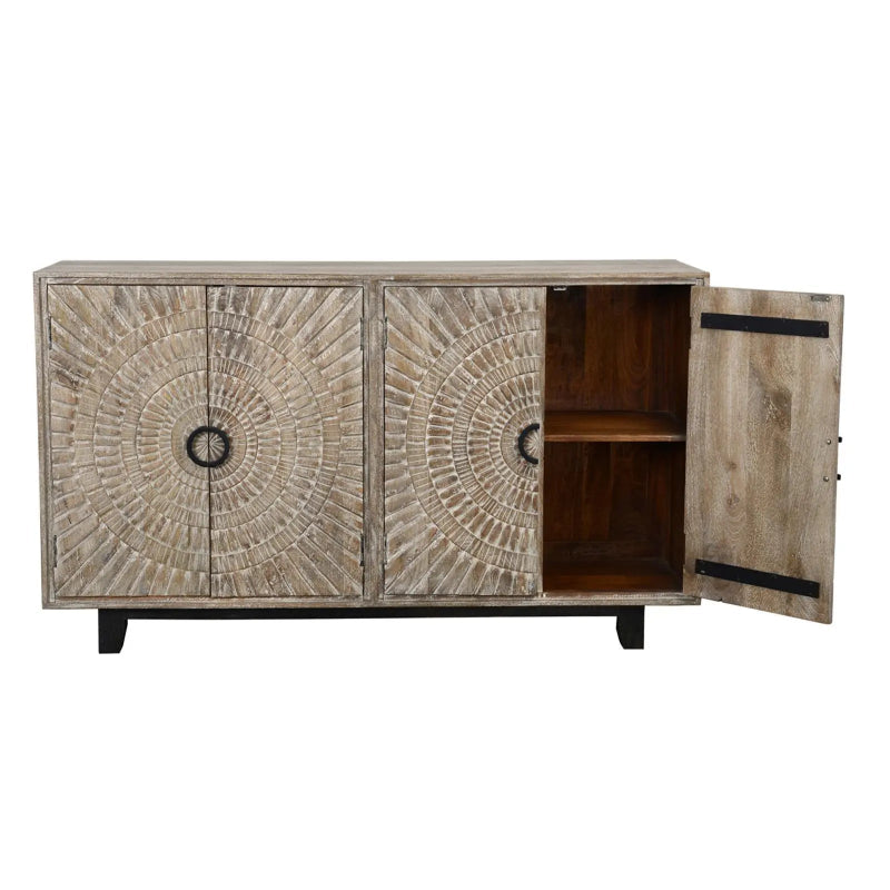 Medallion storage credenza with a pale washed finish, front view with the right door open against white.