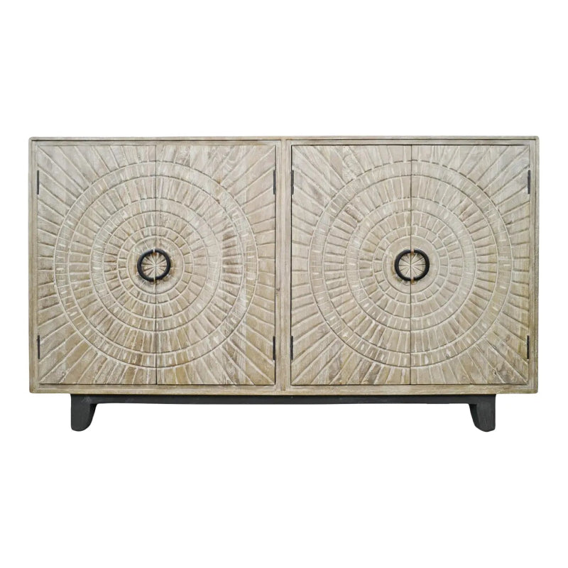 Medallion wood sideboard with two carved doors, dark ring pulls and a pale washed finish, front view on white.