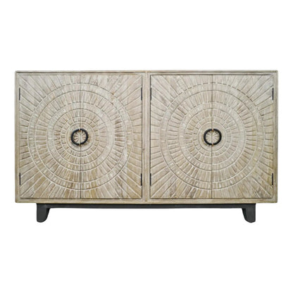 Medallion wood sideboard with two carved doors, dark ring pulls and a pale washed finish, front view on white.