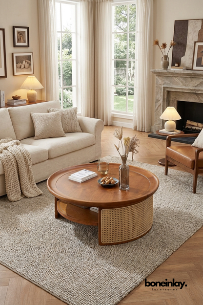 Round Wooden Coffee Table with Cane Storage Shelf