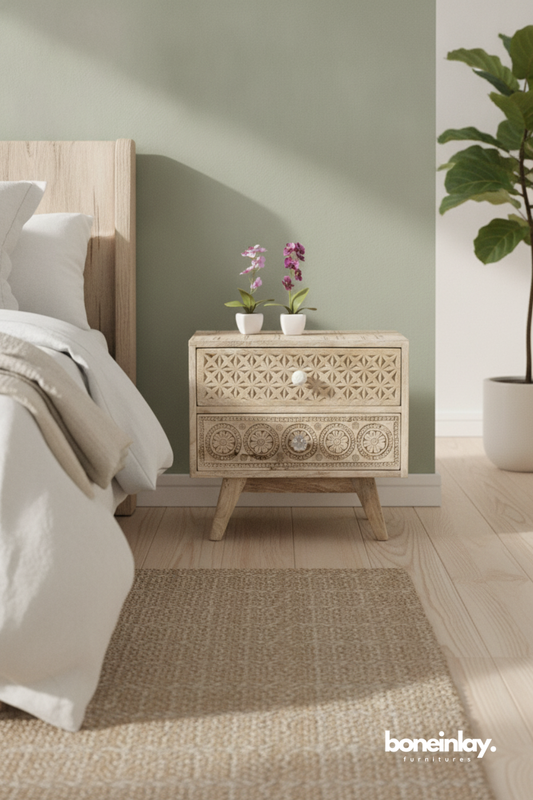 Hand Carved Wooden Two Drawer Bedside Table in Distressed Natural Finish