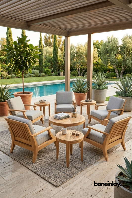 Luxury Outdoor Patio Conversation Set with Solid Wood Frame, Modern Garden Lounge Furniture, Outdoor Coffee Table and Armchair Set