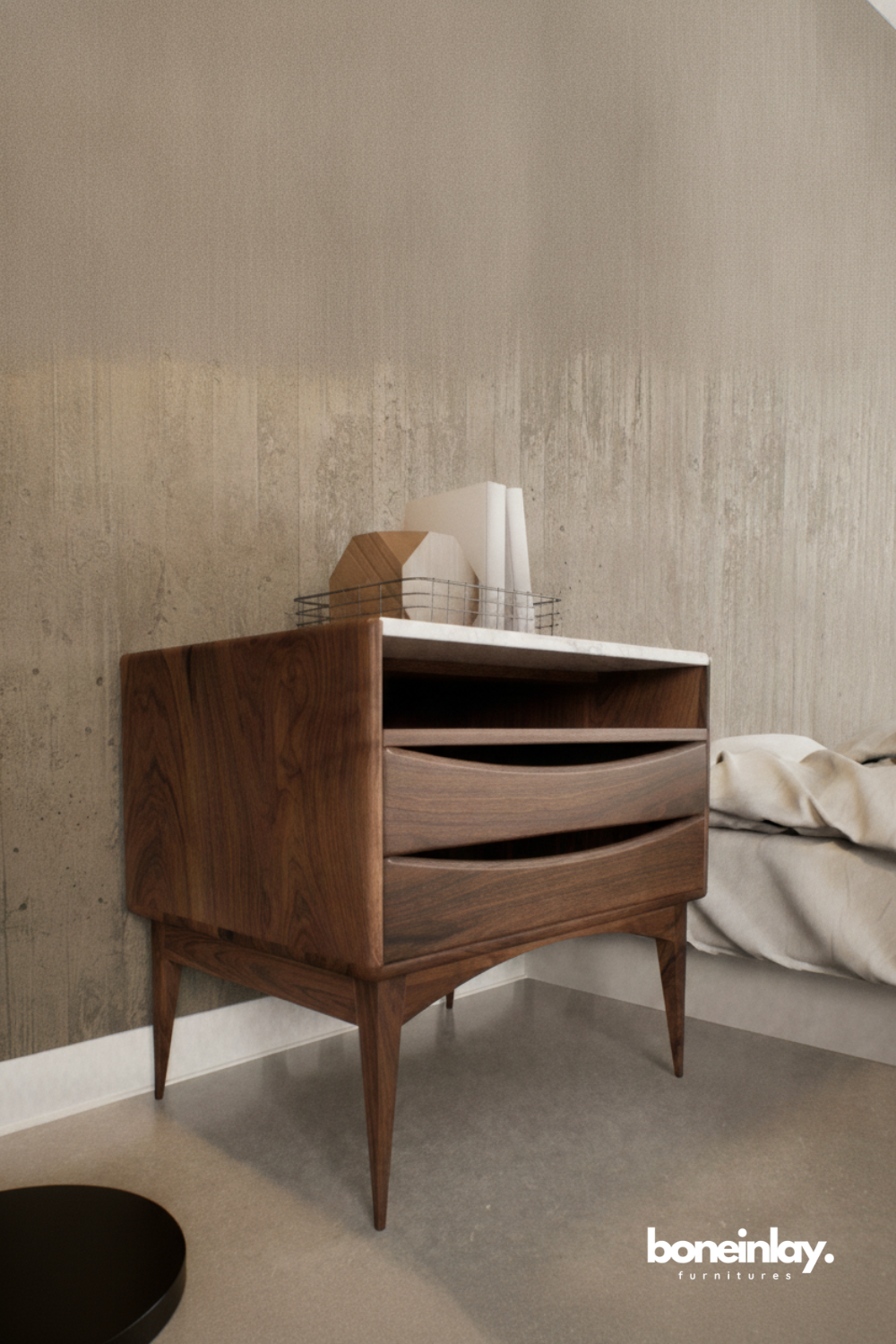 Mid Century Walnut Bedside Table with Marble Top