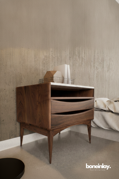 Mid Century Walnut Bedside Table with Marble Top