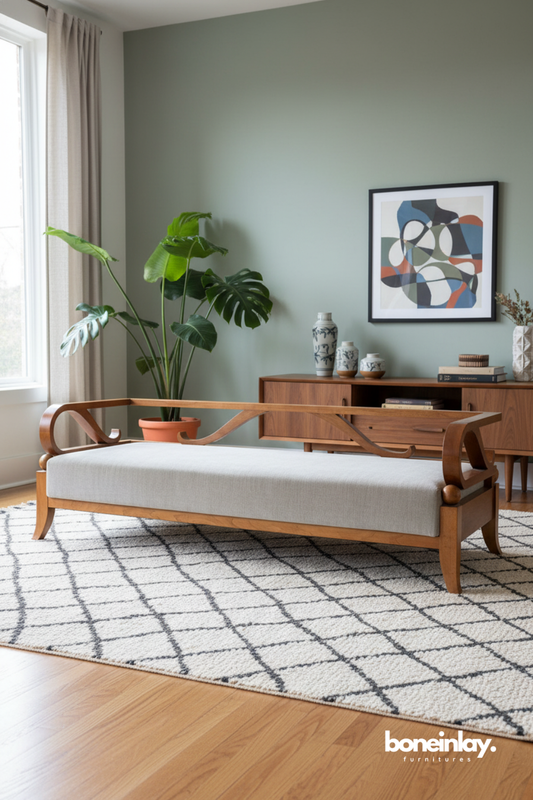 Curved-arm wooden bench with upholstered seat in a mid-century modern living room.