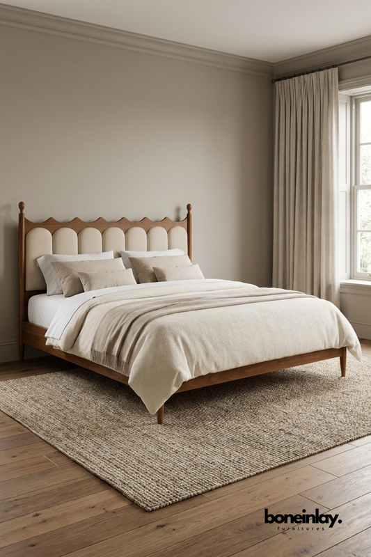 Scalloped Upholstered Panel Bed Frame in Walnut Wood Finish