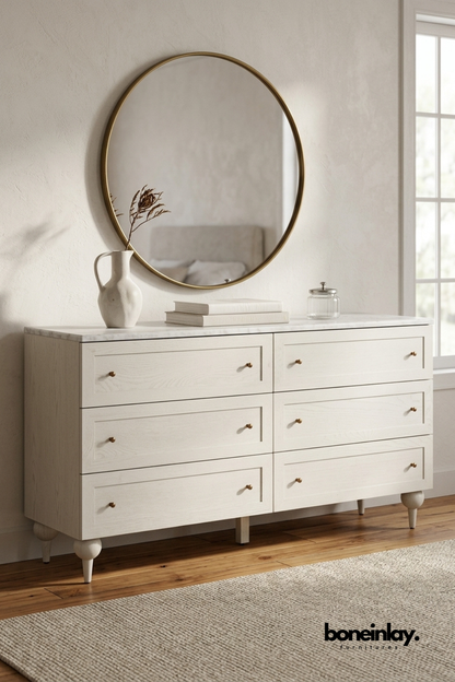 White Six Drawer Wooden Dresser with Marble Top, Modern Bedroom Storage Cabinet, Scandinavian Chest of Drawers with Brass Knobs