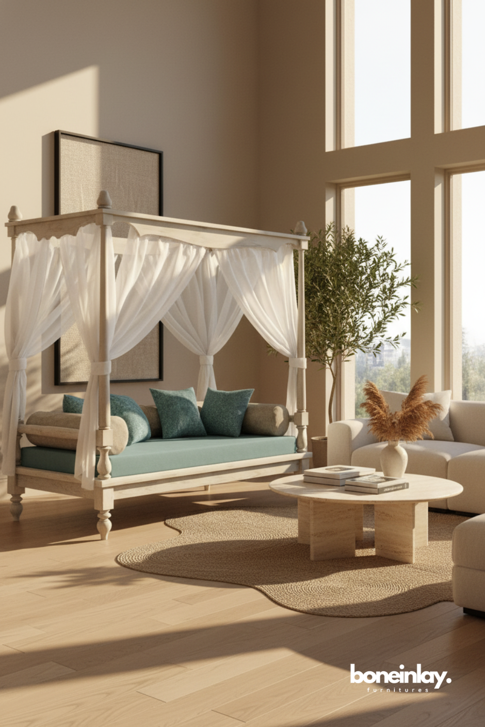 White wooden canopy daybed with draped frame and upholstered seating design.