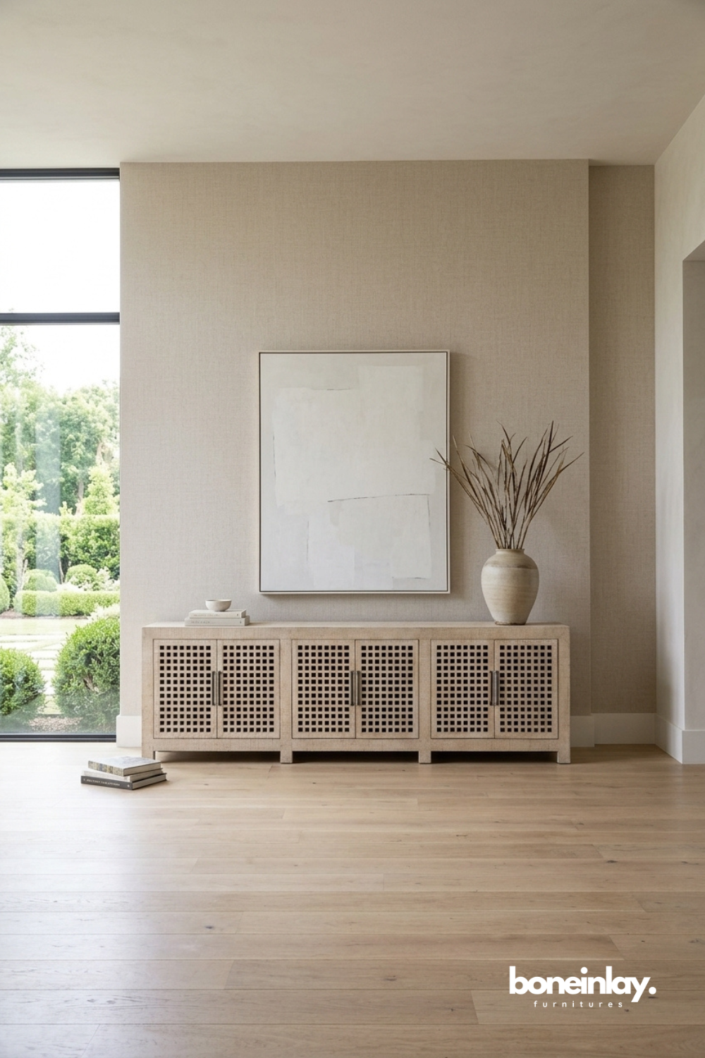 Lattice front wooden sideboard featuring geometric grille doors and spacious storage cabinet design.