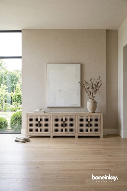 Lattice front wooden sideboard featuring geometric grille doors and spacious storage cabinet design.