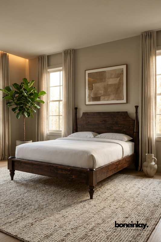 Dark Walnut Sleigh Bed with Turned Corner Posts