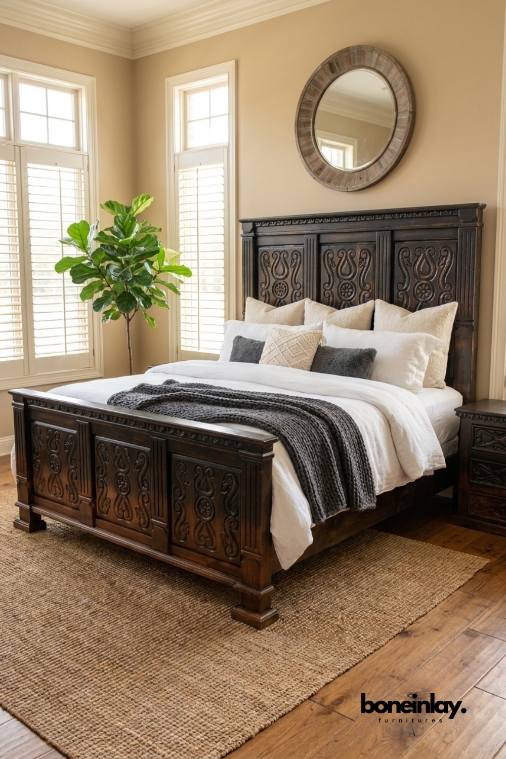 Intricately carved dark wood bed frame with a high traditional headboard, styled with white and grey pillows, a textured charcoal throw, and a woven jute rug.