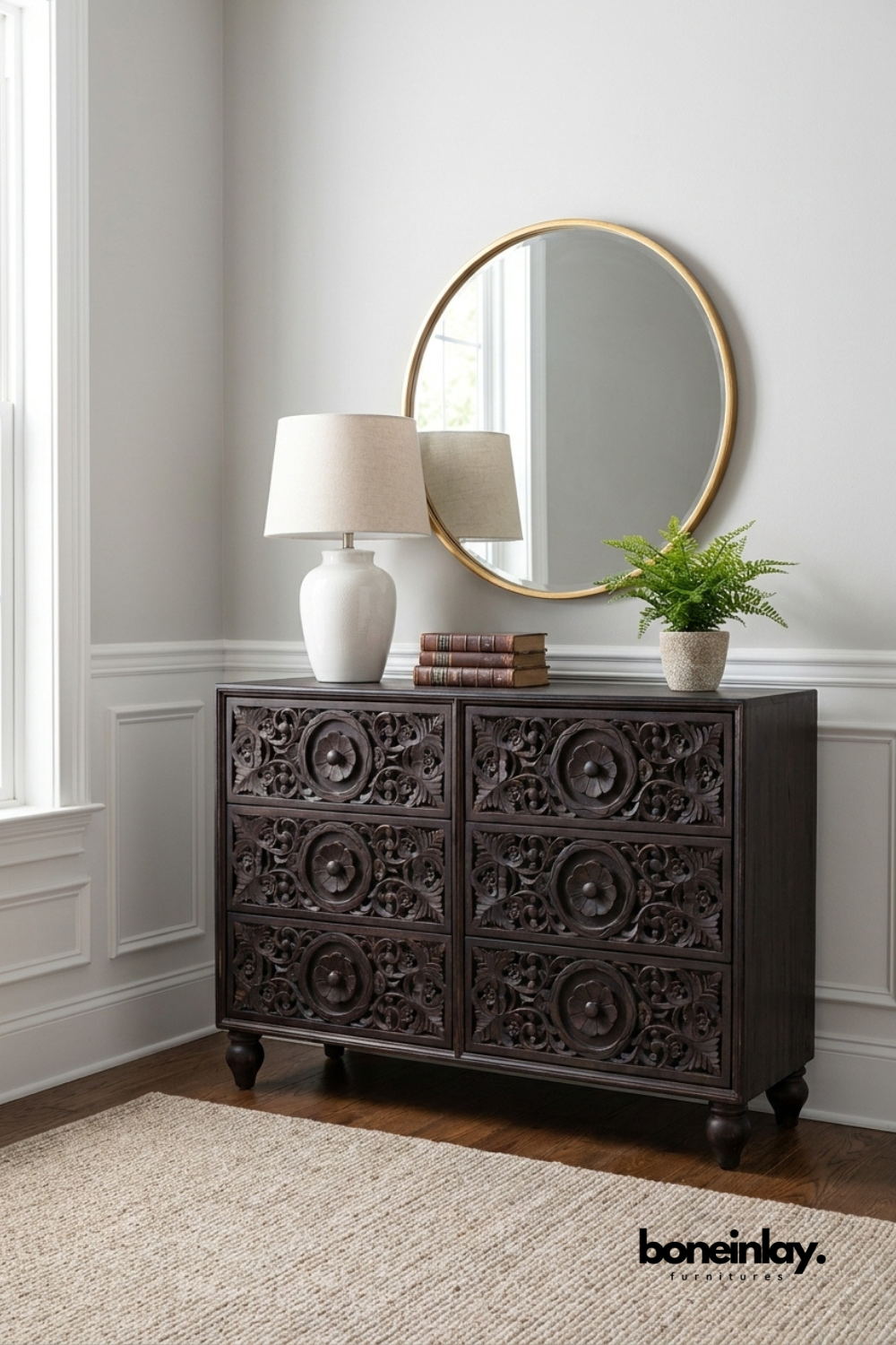 Dark brown handcrafted solid wood six drawer dresser featuring intricate floral hand carved drawer fronts, traditional craftsmanship, and spacious bedroom storage.