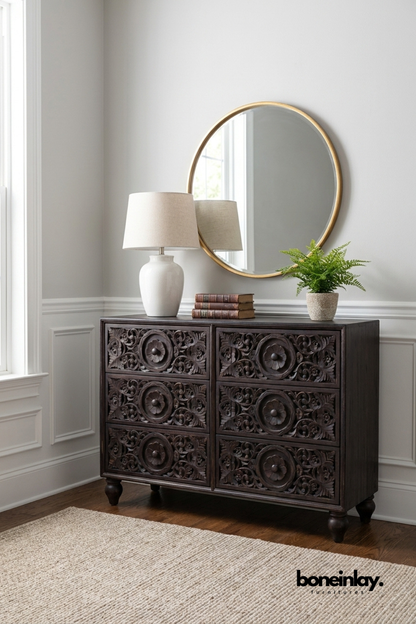 Dark brown handcrafted solid wood six drawer dresser featuring intricate floral hand carved drawer fronts, traditional craftsmanship, and spacious bedroom storage.
