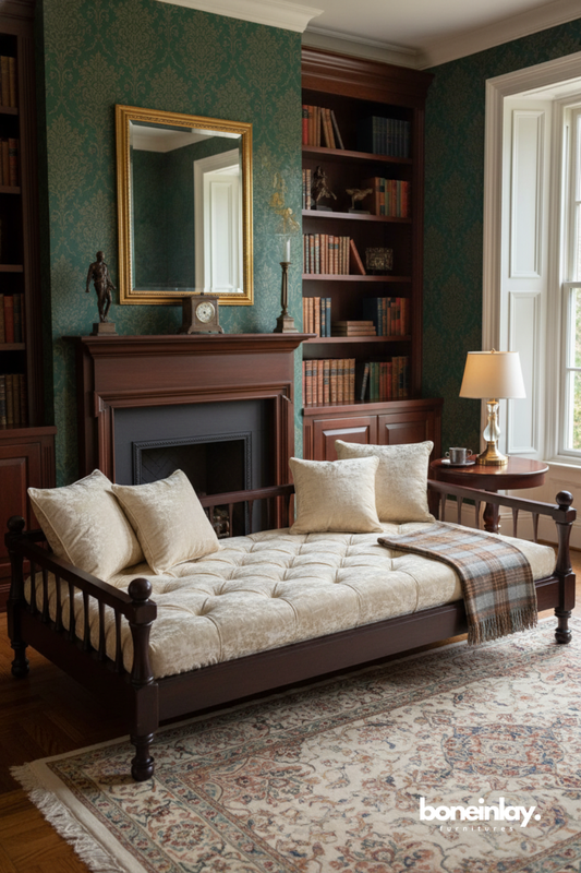 Classic wooden daybed with tufted upholstery styled in a traditional library-inspired interior.