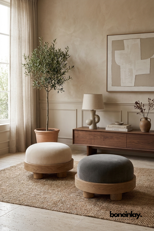 Round velvet pouf ottoman with a plush upholstered top.
Set on a solid wood plinth base with four short wood legs.
Available in ivory and grey velvet, sold as a set of two.
Adds soft, rounded texture to a neutral living room setting.