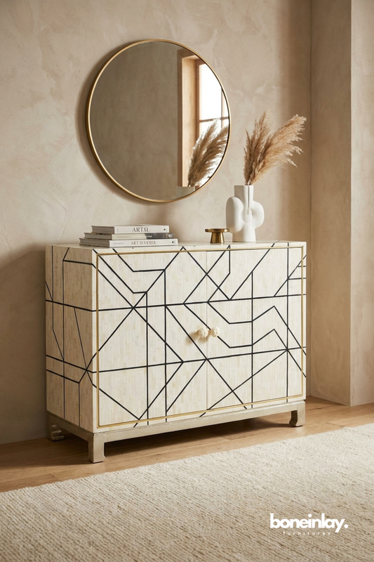 White bone inlay cabinet with black geometric line pattern and minimalist modern styling