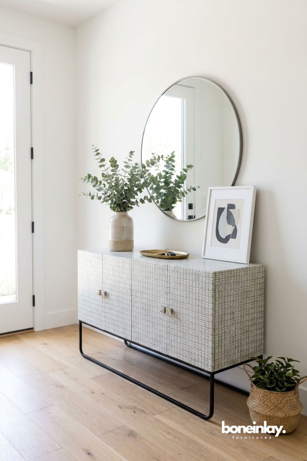 Contemporary bone inlay sideboard featuring subtle geometric texture, clean lines, and elegant modern styling.