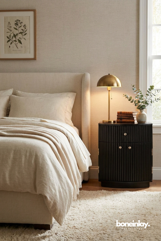 Black Fluted Round Bedside Cabinet with Contemporary Design