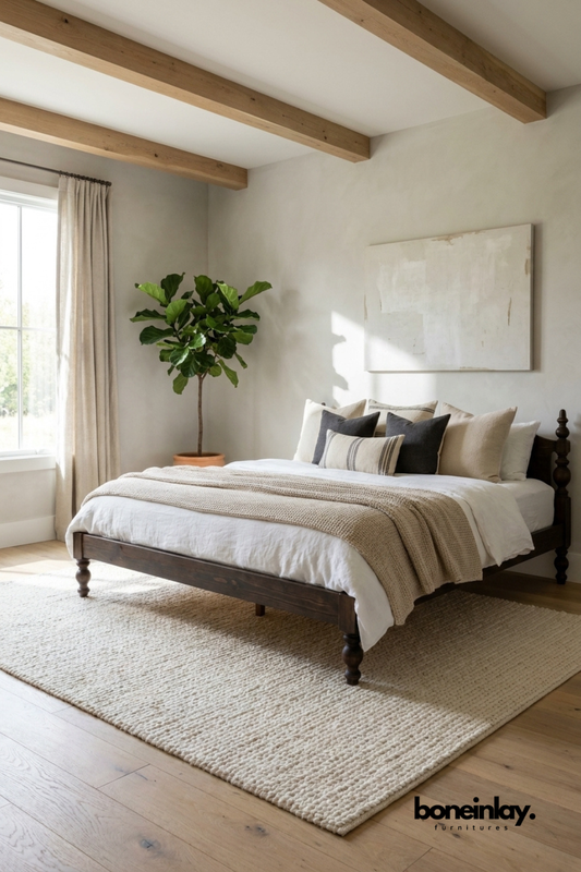 Minimalist dark wood bed styled in a neutral bedroom with exposed ceiling beams, cream bedding, textured rug, linen curtains, and a fiddle leaf fig tree creating a warm modern farmhouse aesthetic.