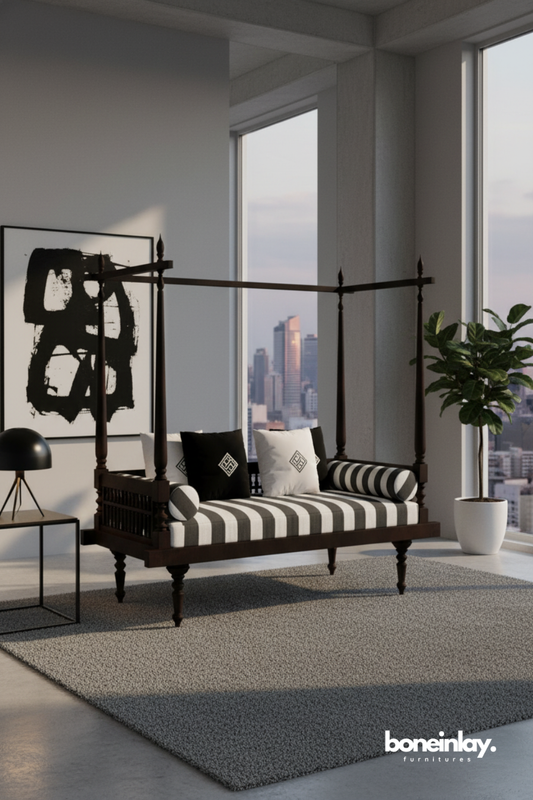 Luxury Canopy Daybed Sofa with Black & White Upholstery